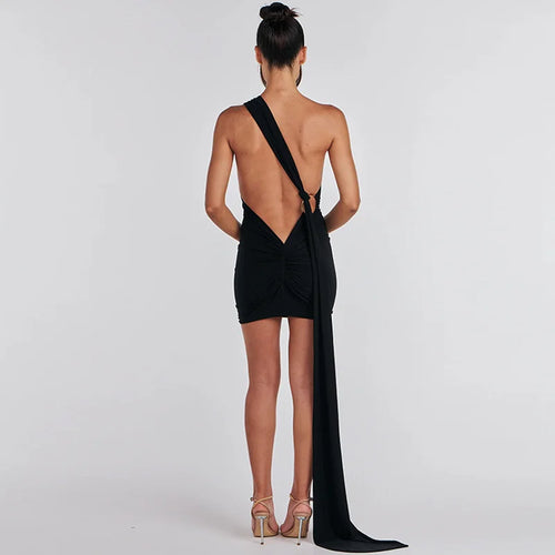 Load image into Gallery viewer, Backl Strap Halter Backless Sexy Mini Dress For Women New Fashion Metal Ring Sleeveless Pleated Bodycon Party Dress
