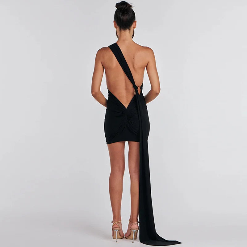 Backl Strap Halter Backless Sexy Mini Dress For Women New Fashion Metal Ring Sleeveless Pleated Bodycon Party Dress