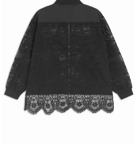 Black Lace Perspective Big Size Jacket New Stand Collar Long Sleeve Women Coat Fashion Tide Spring Autumn 2025 1DH7245