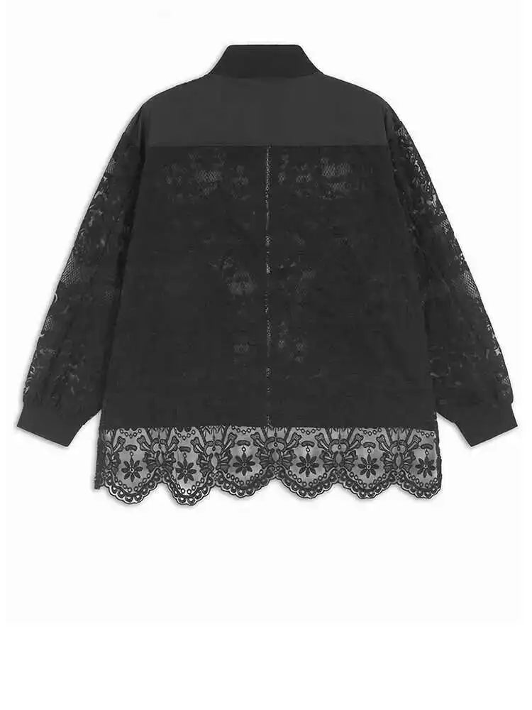 Black Lace Perspective Big Size Jacket New Stand Collar Long Sleeve Women Coat Fashion Tide Spring Autumn 2025 1DH7245