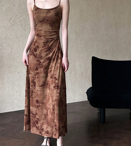 Women Brown Printed Vintage Long Spaghetti Strap Dress New Round Neck Sleeveless Fashion Tide Spring Summer 2025 1DJ0289