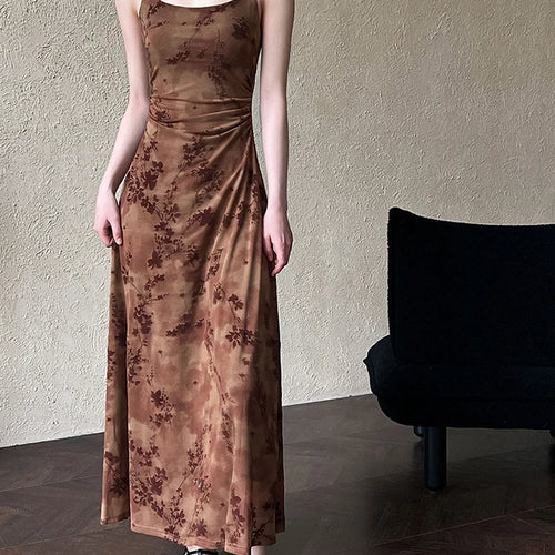Load image into Gallery viewer, Women Brown Printed Vintage Long Spaghetti Strap Dress New Round Neck Sleeveless Fashion Tide Spring Summer 2025 1DJ0289

