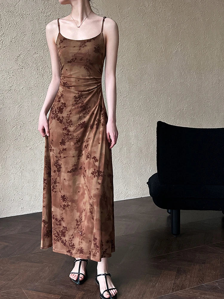 Women Brown Printed Vintage Long Spaghetti Strap Dress New Round Neck Sleeveless Fashion Tide Spring Summer 2025 1DJ0289