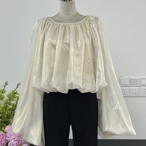 Load image into Gallery viewer, Solid Elegant Short Blouse For Women Round Neck Flare Sleeve Patchwork Folds Casual Shirts Female Fashion Clothes
