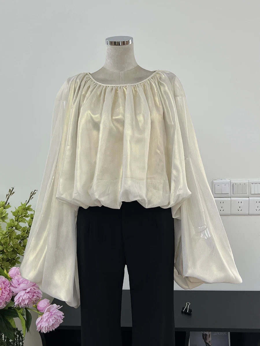 Solid Elegant Short Blouse For Women Round Neck Flare Sleeve Patchwork Folds Casual Shirts Female Fashion Clothes