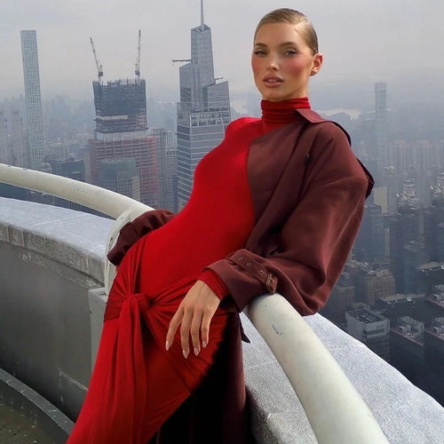 Load image into Gallery viewer, Turtleneck Long Sleeve Maxi Dress For Women Fashion Irregular Bodycon Long Dress Femme Temperament Evening Dress
