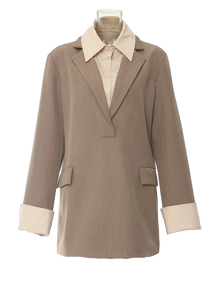 Women Brown Color-block Big Size Elegant Blazer New Lapel Long Sleeve Jacket Fashion Tide Spring Autumn 2025 1DH5932
