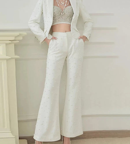 Solid Spliced Pearl Two Piece Set For Women Lapel Long Sleeve Coat High Waist Temperament Pant Female Fashion New