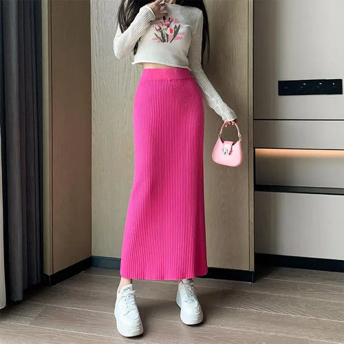 Load image into Gallery viewer, Autumn Winter Women Solid Straight Knitted Skirt Elastic High Waist Office Ladies Striped Wrapped Hip Long Skirts Popular
