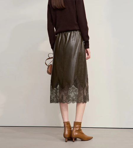 Women's Skirt 2025 Autumn New Minimalist Versatile Clothing Ladies Leather Splicing Lace Solid A-line Midi Skirt 12543095