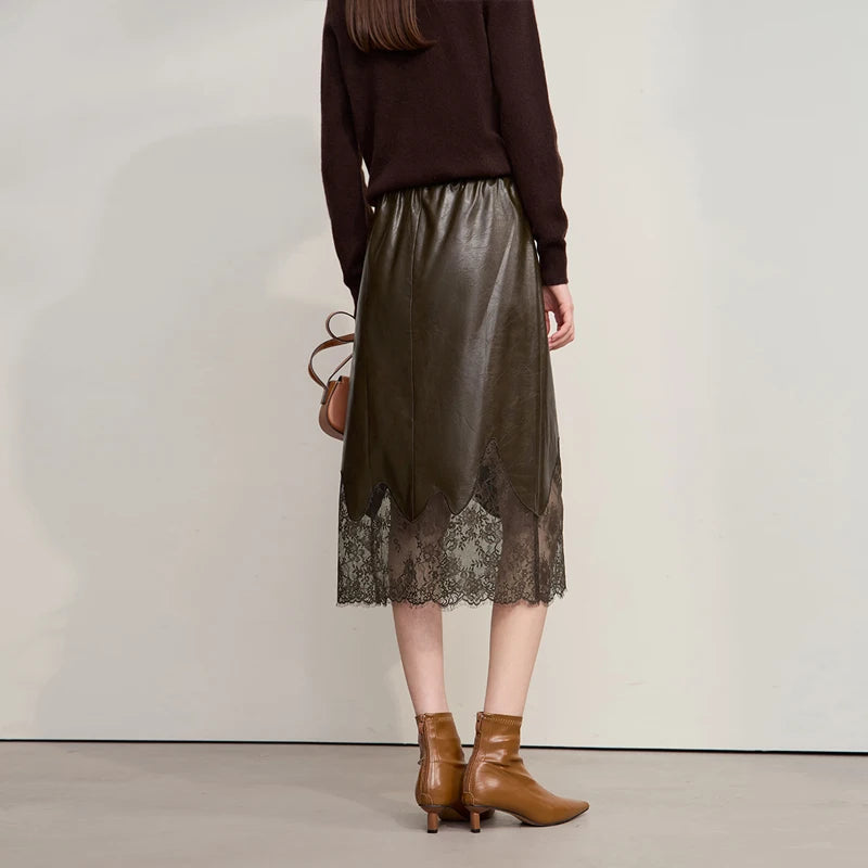 Women's Skirt 2025 Autumn New Minimalist Versatile Clothing Ladies Leather Splicing Lace Solid A-line Midi Skirt 12543095