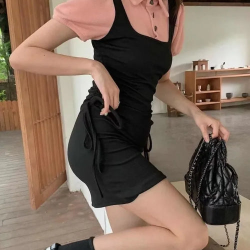 Load image into Gallery viewer, Korean Style School Mini Dress Women Kpop Y2k Polo Puff Sleeve Black Wrap Bodycon Short Dresses Fashion
