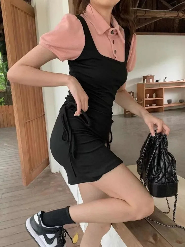 Korean Style School Mini Dress Women Kpop Y2k Polo Puff Sleeve Black Wrap Bodycon Short Dresses Fashion