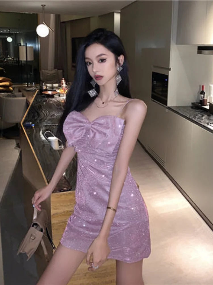 Sexy Bodycon Shiny Slip Dresses Night Club Party Korean Fashion Kpop Spaghetti Strap Mini Dress Women Summer