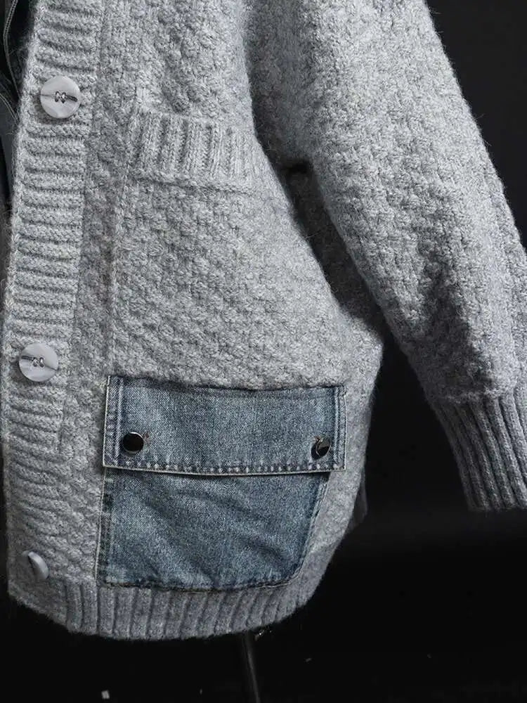 Gray Denim Irregular Big Size Knitting Cardigan Sweater Lapel Long Sleeve Women New Fashion Autumn Winter 2025 1DH5636