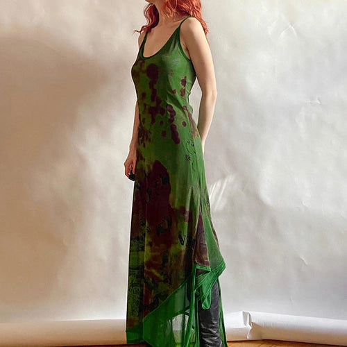 Load image into Gallery viewer, Asymmetrical Vintage Strap Green Print Floral Maxi Dress Fairycore Grunge Beach Sundress Sexy Long Dresses for Women
