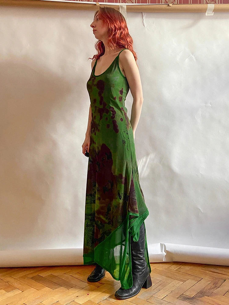 Asymmetrical Vintage Strap Green Print Floral Maxi Dress Fairycore Grunge Beach Sundress Sexy Long Dresses for Women