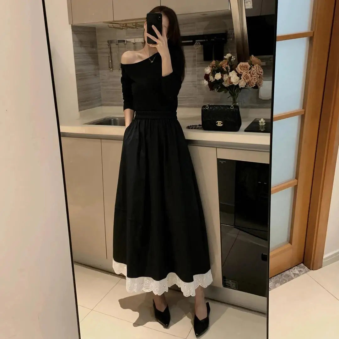 Spring Summer French Fashion Patchwork Lace Elegant Versatile Long Skirt Women Vintage High Waisted Vacation Pleated Half Skirts