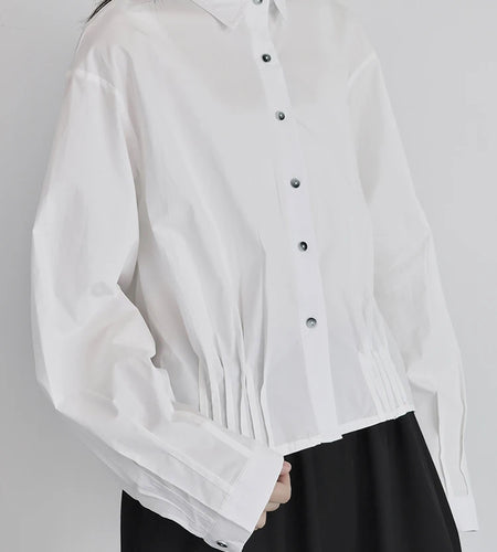 Women White Pleated Elegant Button Big Size Blouse New Lapel Long Sleeve Shirt Fashion Tide Spring Autumn 2025 1DJ0836