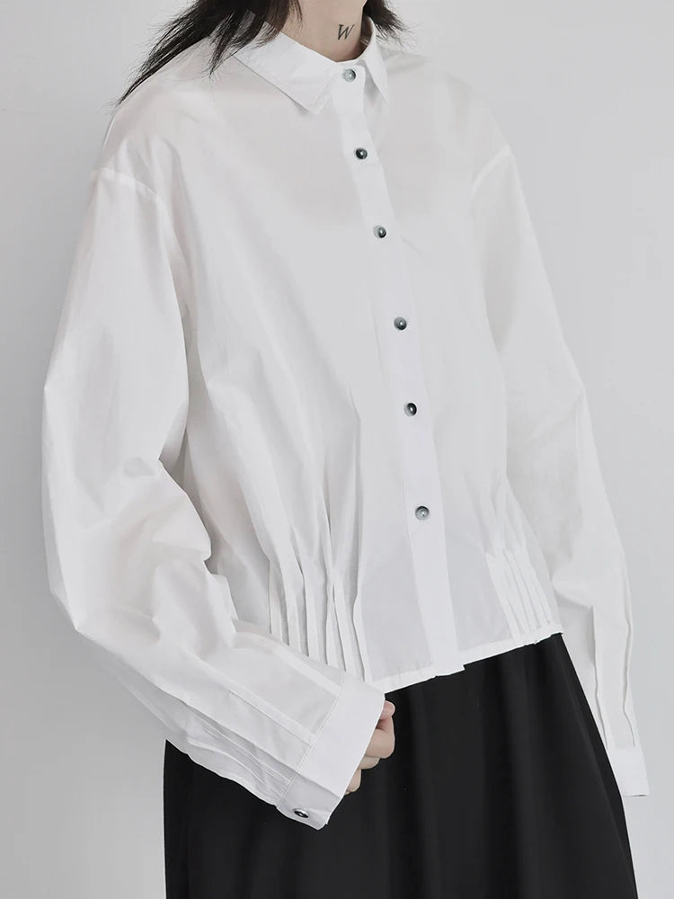 Women White Pleated Elegant Button Big Size Blouse New Lapel Long Sleeve Shirt Fashion Tide Spring Autumn 2025 1DJ0836