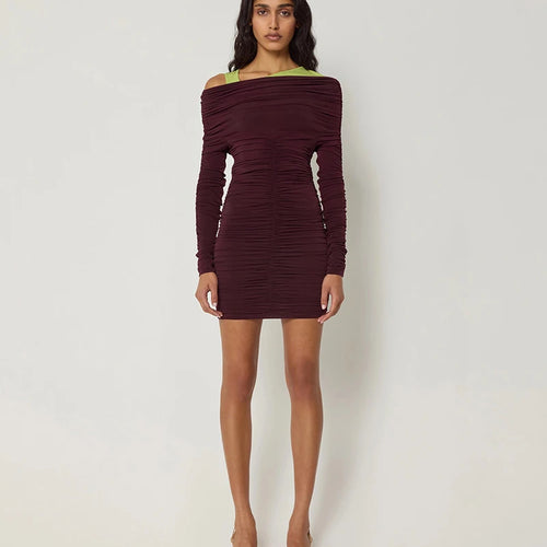 Load image into Gallery viewer, Inclined Shoulder Long Sleeve Sexy Mini Dress For Women Autumn New Fashion Backless Ruched Bodycon Party Sexy Dress
