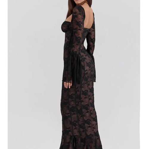 Load image into Gallery viewer, Elegant Long Sleeve Mesh Patchwork Lace Print Dress Women Sexy Bodycon Maxi Vestido Autumn/Winter Party Evening Dress
