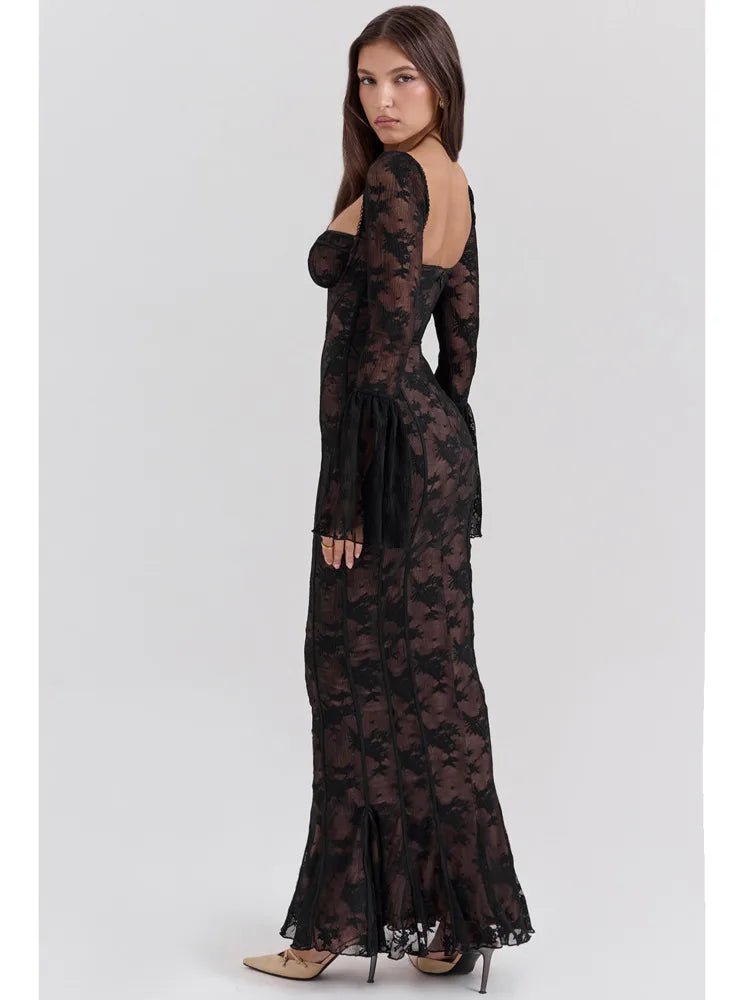 Elegant Long Sleeve Mesh Patchwork Lace Print Dress Women Sexy Bodycon Maxi Vestido Autumn/Winter Party Evening Dress