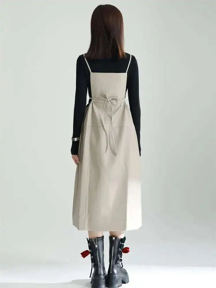 Women Apricot PU Leather Big Size Spaghetti Strap Dress New Square Collar Loose Fit Fashion Spring Autumn 2025 1DF4804