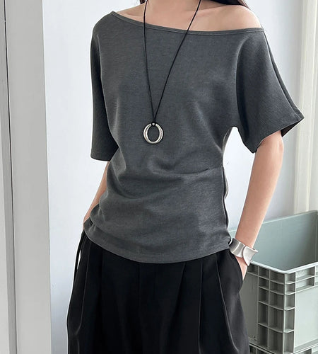Women Gray Black Irregular Brief Elegant T-shirt New Skew Collar Short Sleeve Fashion Tide Spring Summer 2025 1DJ1364