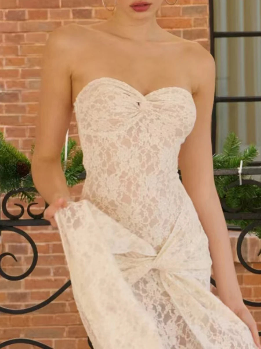 Solid Spliced Lace Up Slimming Dresses For Women Strapless Sleeveless High Wist Temperament Long Dress Female New