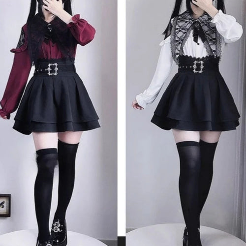 Load image into Gallery viewer, Japanese Kawaii Lolita Shirt Women Y2k Aesthetic Lace Patchwork Bandage Blouse Harajuku Sweet Cute Ruffle Bow Tops Blusas Cute
