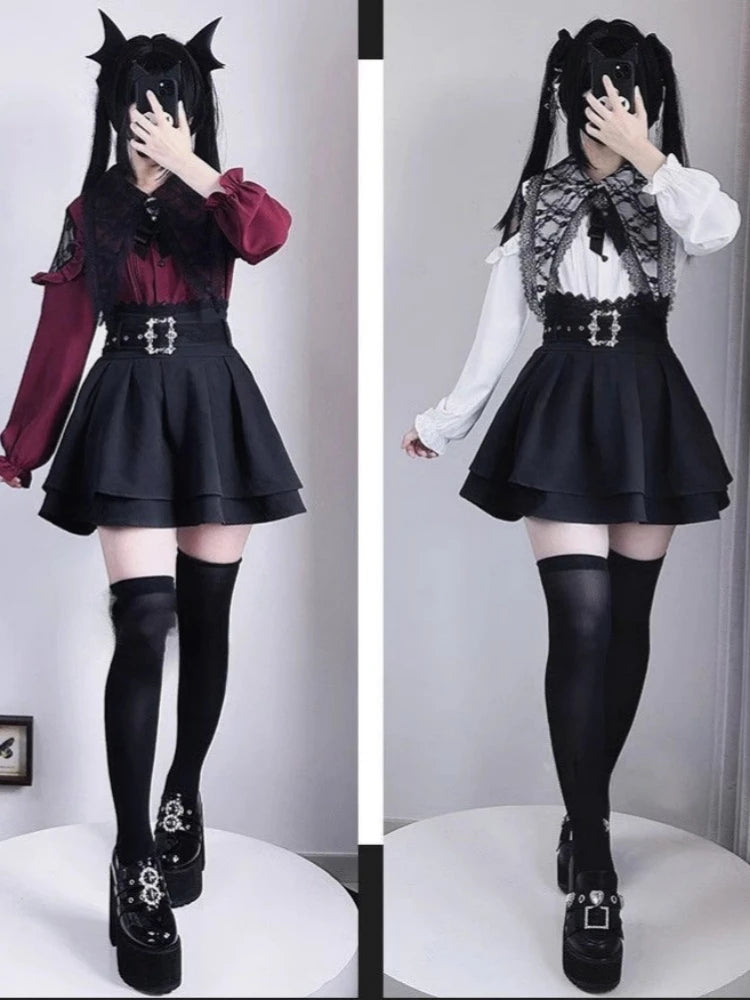 Japanese Kawaii Lolita Shirt Women Y2k Aesthetic Lace Patchwork Bandage Blouse Harajuku Sweet Cute Ruffle Bow Tops Blusas Cute