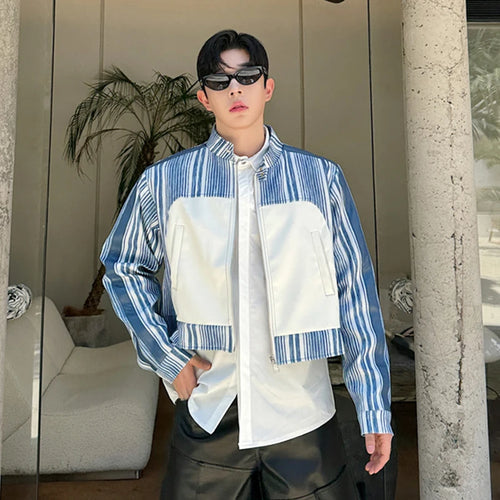 Load image into Gallery viewer, Korean Style Men&#39;s PU Leather Spliced Striped Short Jackets Male Contrast Color Loose Coats 2024 Autumn Fashion 9C6974
