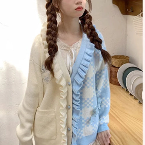 Load image into Gallery viewer, Preppy Style Contrast Color Cardigans Loose Cartoon Embroidery Sweet Knitted Sweater Harajuku Female Ruffled Patchwork Jackets
