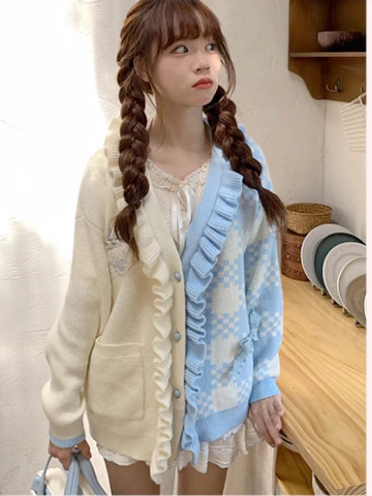 Preppy Style Contrast Color Cardigans Loose Cartoon Embroidery Sweet Knitted Sweater Harajuku Female Ruffled Patchwork Jackets