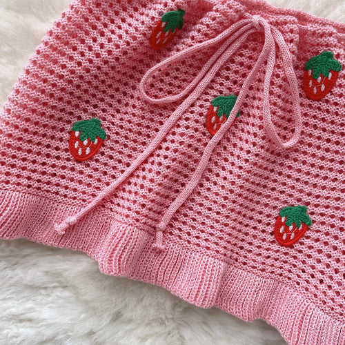 Load image into Gallery viewer, Strawberry Sweet Beach Two Pieces Sets Halter Backless Camis+Short Skirts Fashion Hook Flower Hollow Out Beach Suits
