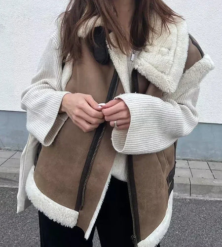 Women 2022 Autumn Faux Fur Vest Coat Warm Vintage Female Vests Coat Nude Zipper Sleeveless Jacket New in Outerwears