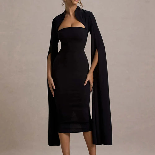 Load image into Gallery viewer, Cape Long Sleeve Sexy Midi Dress For Women Autumn Winter New Square Collar Back Slit Bodycon Club Party Long Dress
