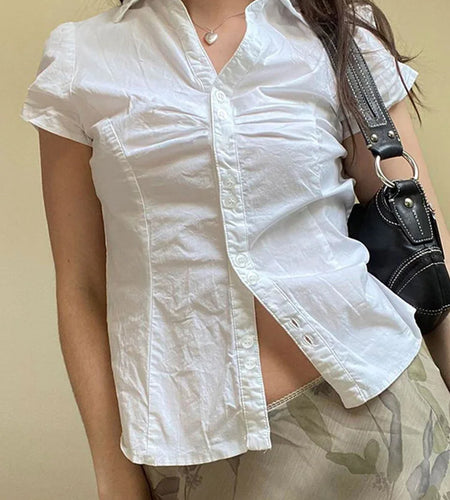White Tie Up T Shirt y2k Women Short Sleeve Turn Down Collar Button Crop Top Vintage Harajuku Korean Tee Summer Casual