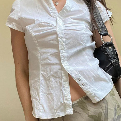 Load image into Gallery viewer, White Tie Up T Shirt y2k Women Short Sleeve Turn Down Collar Button Crop Top Vintage Harajuku Korean Tee Summer Casual
