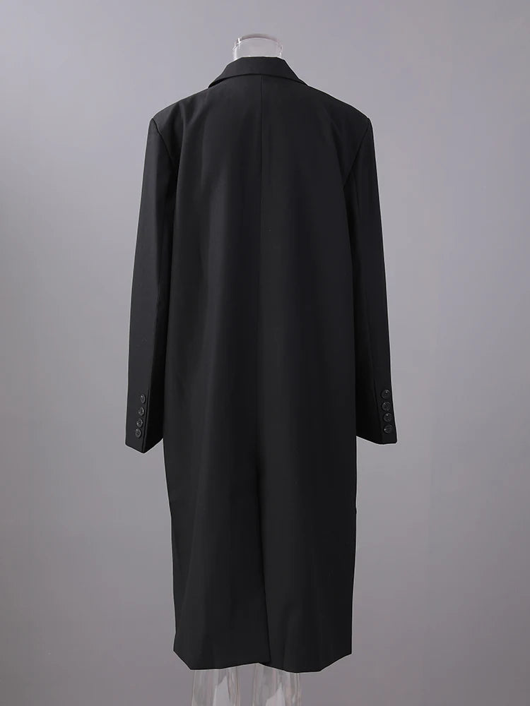 Women Black Double Breasted Big Size Long Blazer New Lapel Long Sleeve Jacket Fashion Tide Spring Autumn 2025 2R6701