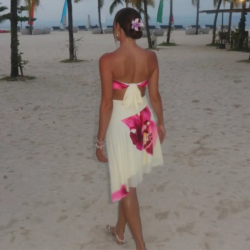 Floral Print Sexy Midi Dress Women Gown Summer New Strapless Off-shoulder Sleeveless Backless Irregular Ruffle Dress