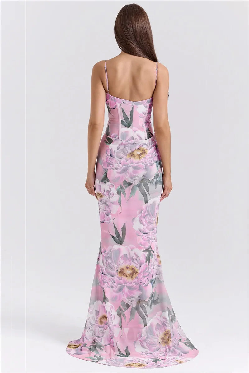 Pink Floral Sexy Maxi Dress Women Gown Spaghetti Strap Sleeveless Backless Elegant Evening Club Party Long Dress