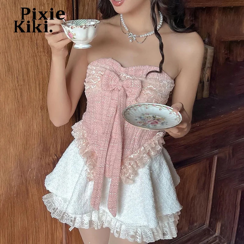 Pink Lace Trim Bow Busiter Girly Y2k Cute Summer Tops Women Clothes Coquette Accessories Sexy Tube Top P94-DE18