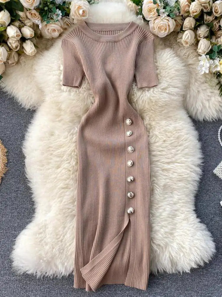 Summer Korean Solid Round Neck Slim Single Breasted Short Sleeve Long Dress Women Festival Wrap Hip Split Knitted Dress Popular