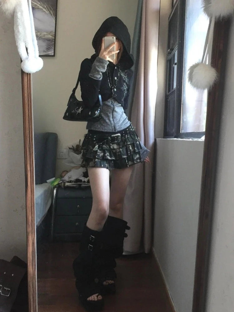 Y2k Aesthetic Fake Two Pieces Zipper Jackets Streetwear Casual Hooded Print Tops Vintage Patchwork Bodycon Coats Women Harajuku