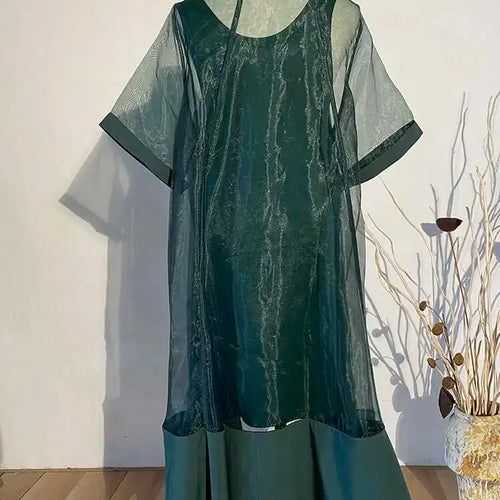 Load image into Gallery viewer, Women Green Organza Irregular Shirt Dress New Stand Collar Half Sleeve Loose Fit Fashion Tide Spring Summer 2025 JT581
