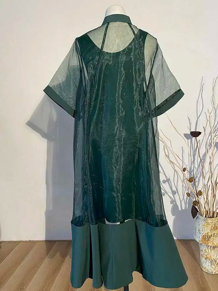 Women Green Organza Irregular Shirt Dress New Stand Collar Half Sleeve Loose Fit Fashion Tide Spring Summer 2025 JT581