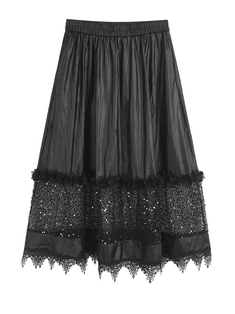 High Elastic Waist Black Button Ruffles Lace Sequins Half-body Skirt Women Fashion Tide New Spring Autumn 2025 1DJ1578