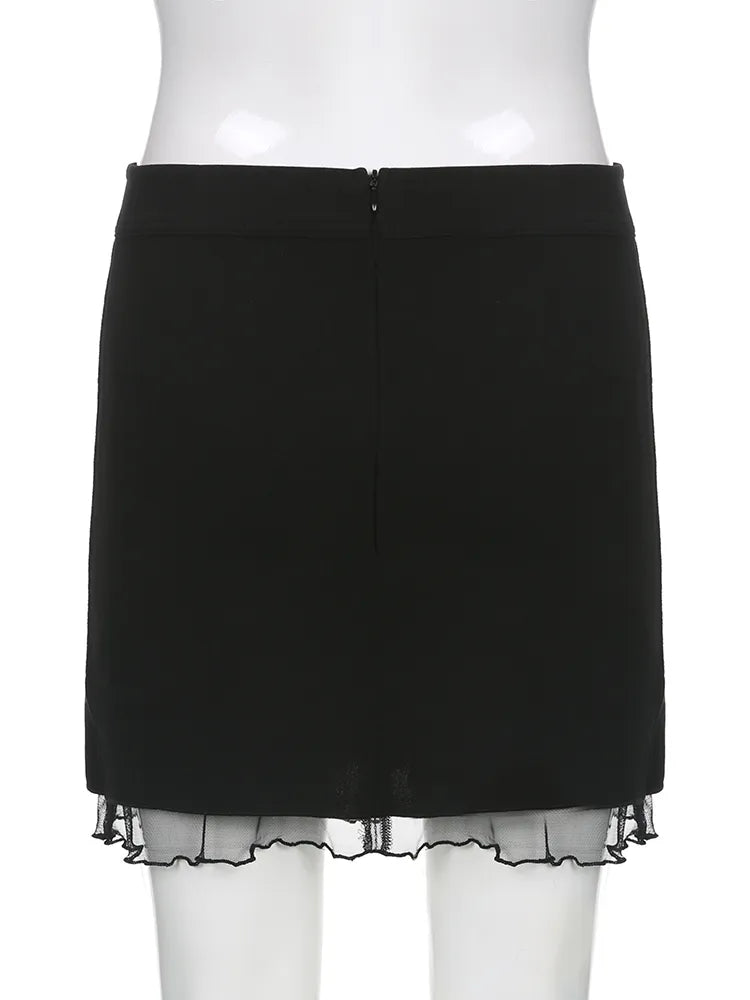 Korean Fashion Frill Mesh Patchwork Black Mini Skirt Summer Solid Split Casual Bodycon Women's Skirts Short Cute